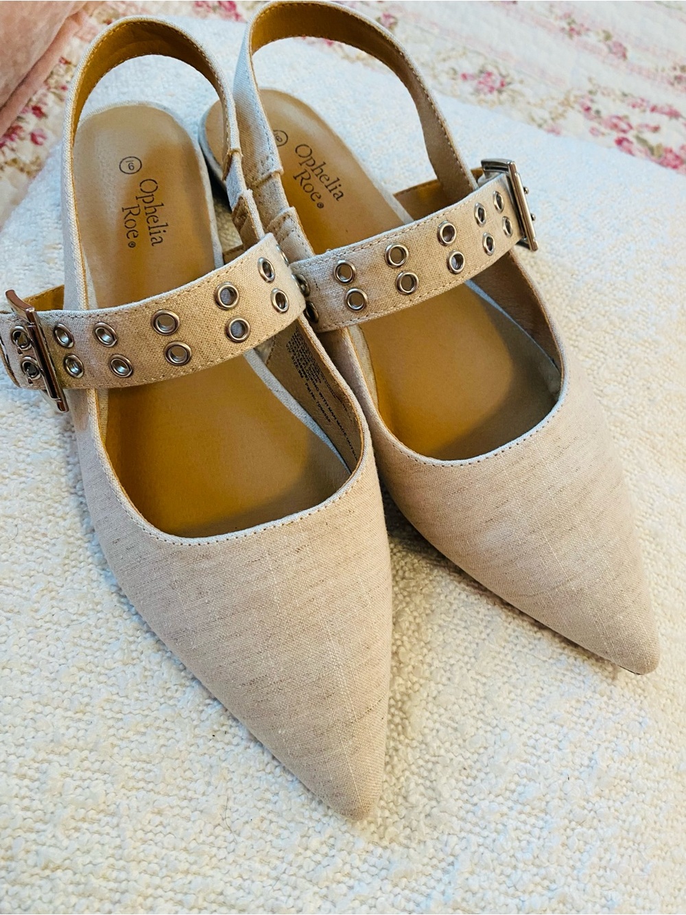 Ophelia Rose Women's Pointed Mary Jane Flats in Beige with Stud Strap